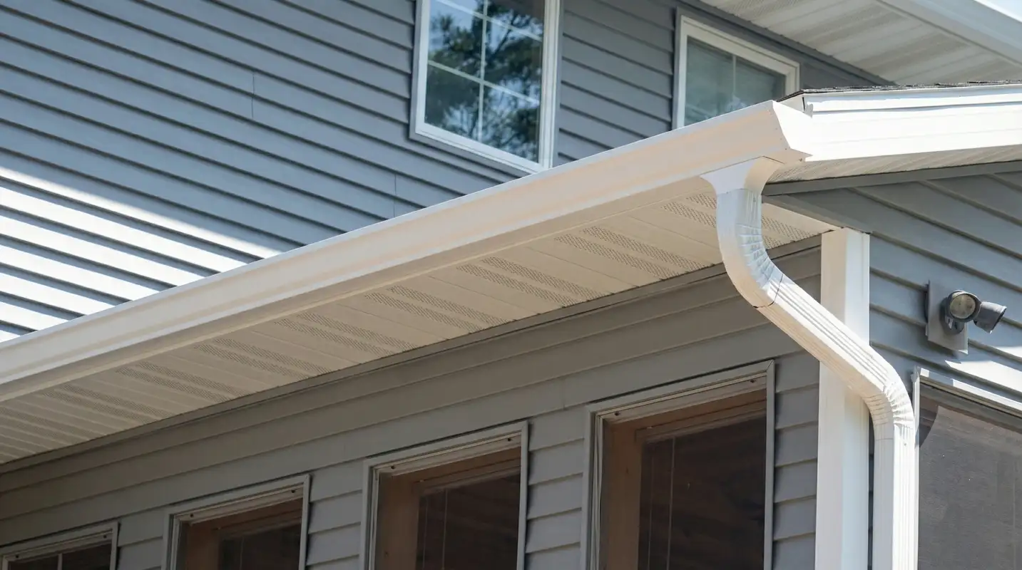 Professional home remodeling project showing newly installed white seamless gutters and downspouts on a house with gray siding in Boca Raton, FL