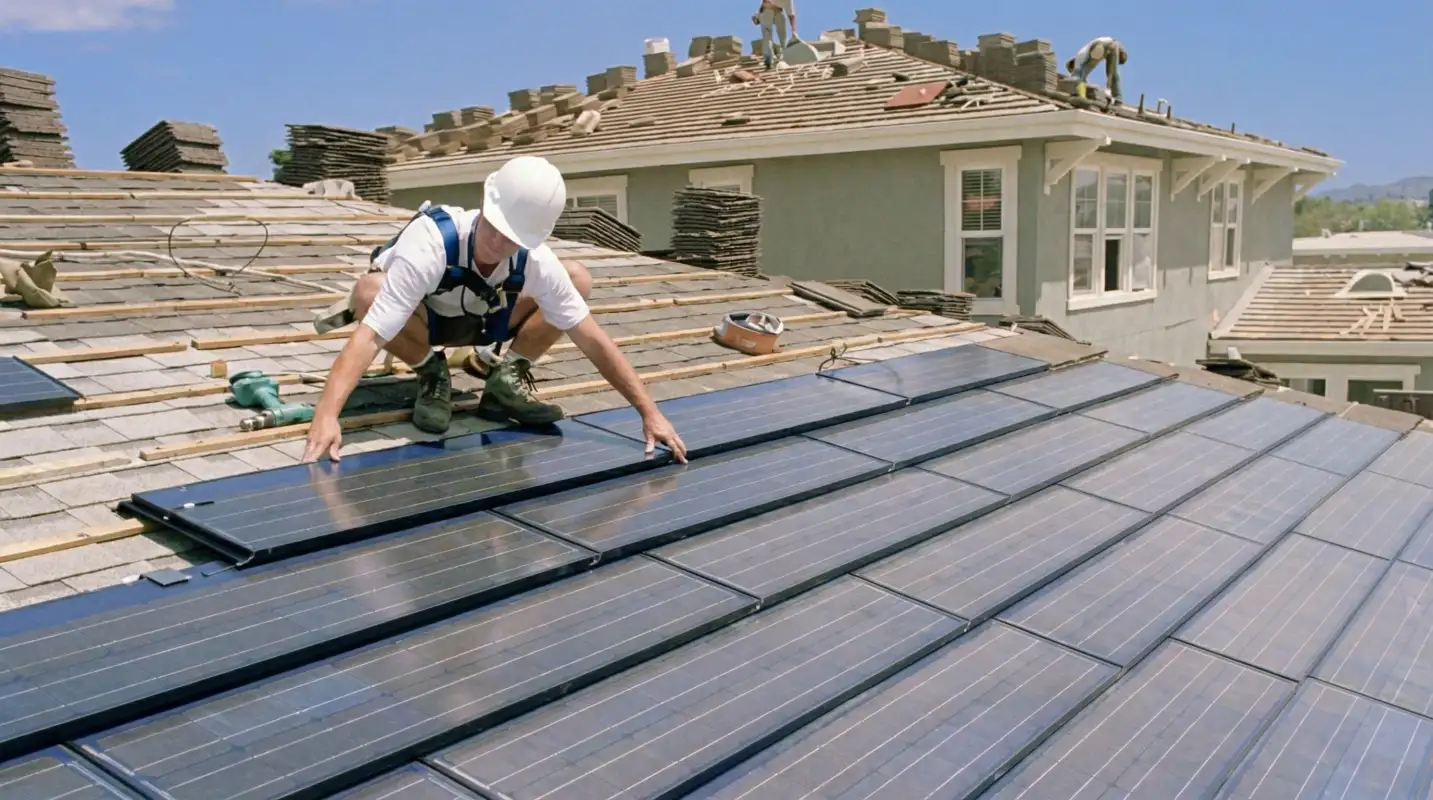 Roof replacement expert installing modern solar shingles on a residential home in Boca Raton, FL
