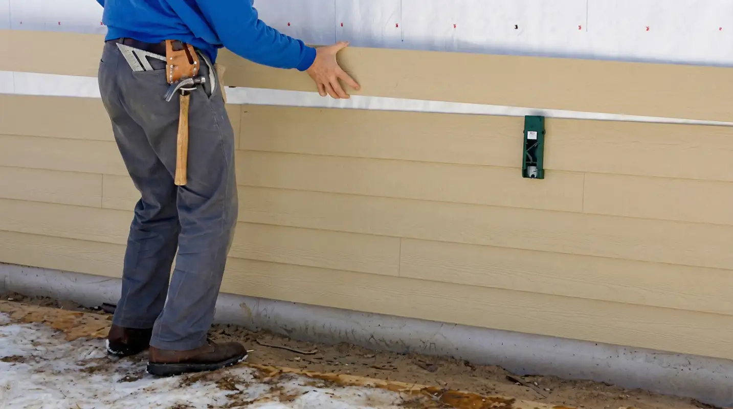 Siding replacement expert carefully aligning a new tan siding panel onto a residential exterior wall in Boca Raton, FL