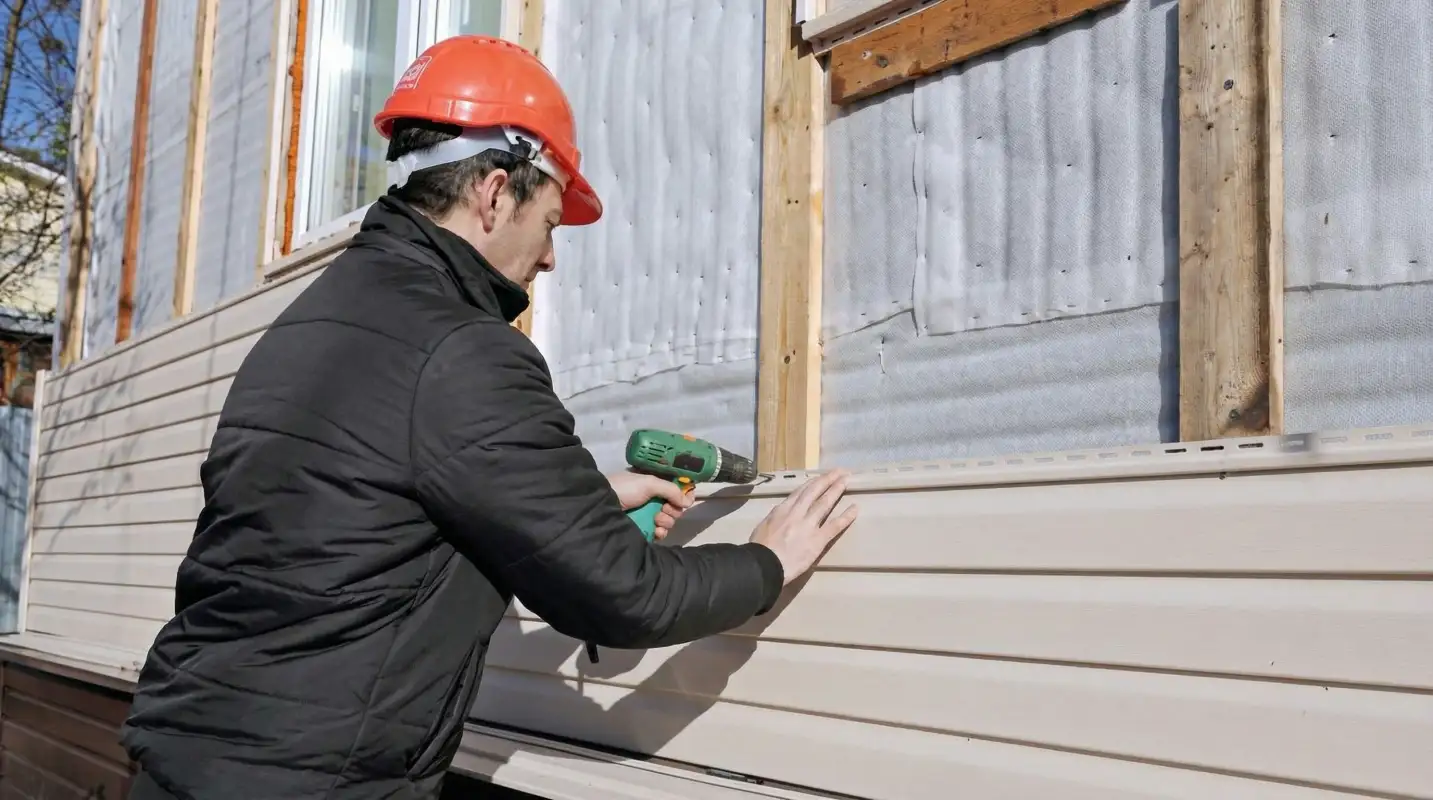 Siding replacement professional using a power drill to install new tan vinyl siding on a home exterior in Boca Raton, FL