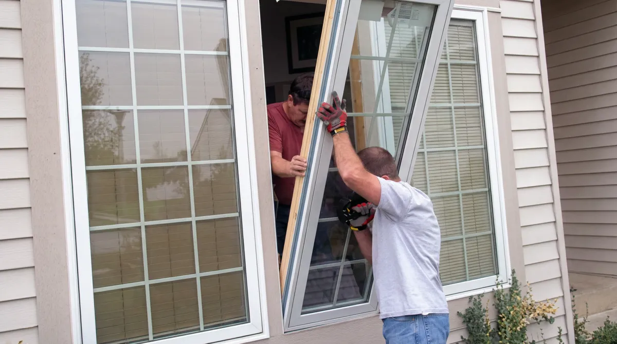 Professional home remodeling team installing a large replacement window on a house with tan siding in Boca Raton, FL