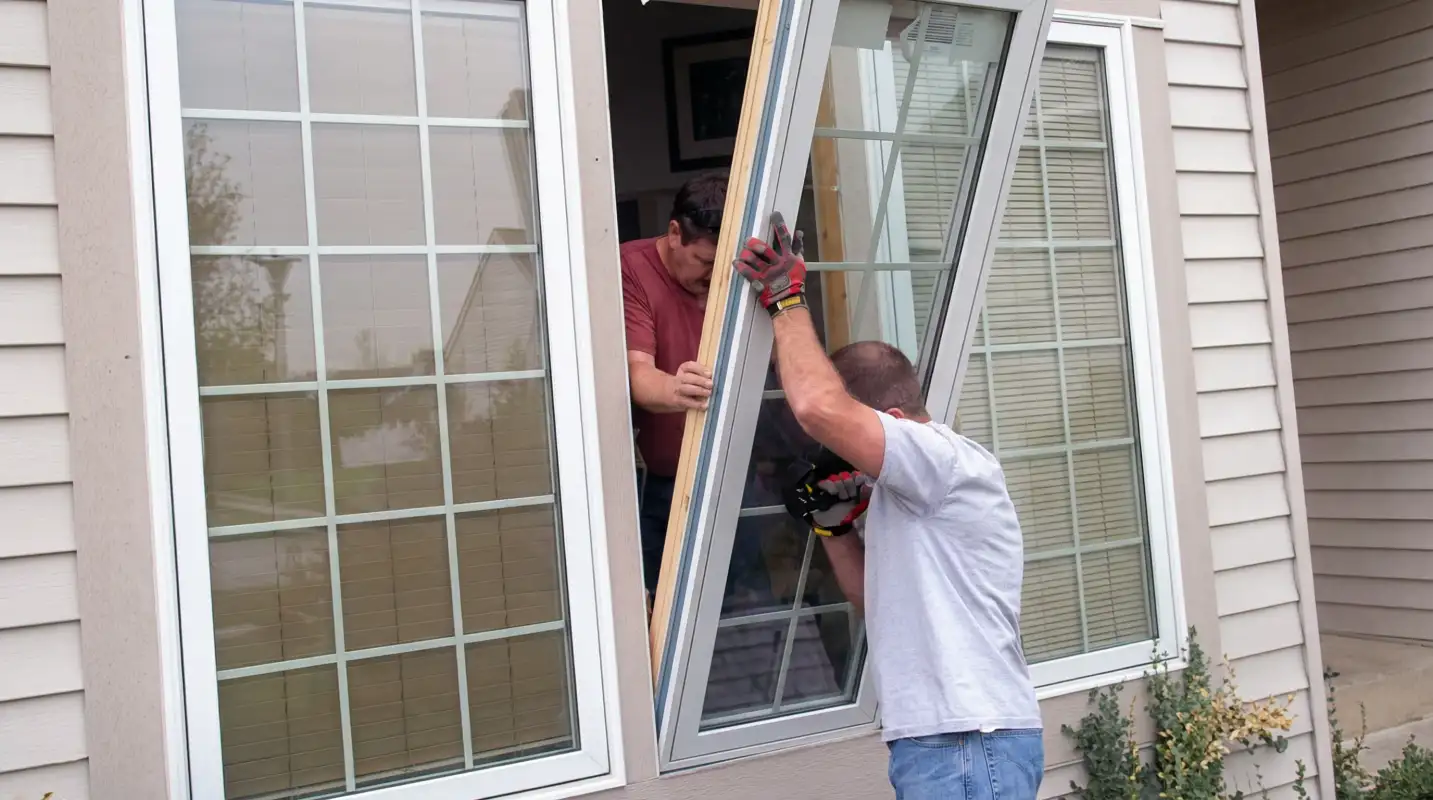 Professional home remodeling team installing a large replacement window on a house with tan siding in Boca Raton, FL